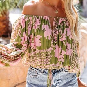 Vici drawstring floral boho hippie top size S
